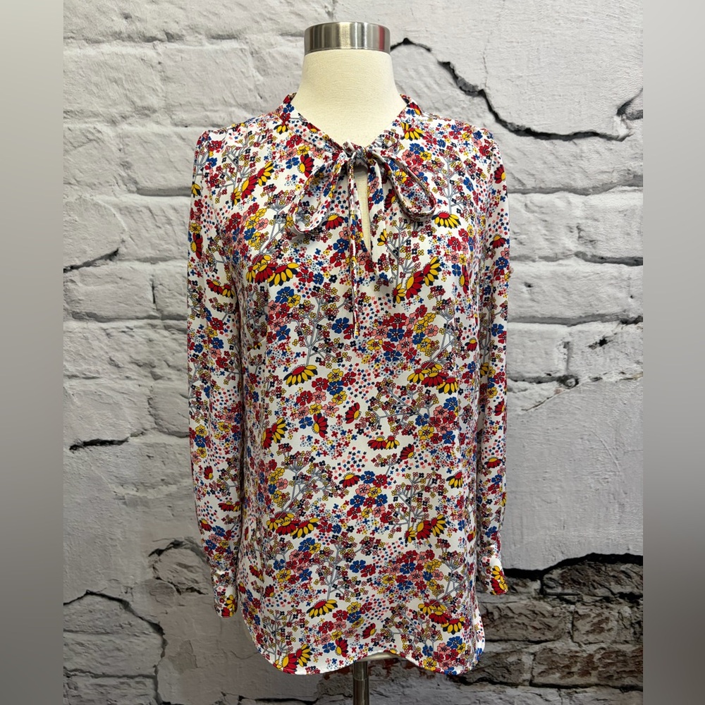 Talbots Meadow Multicolor Floral Bow Tie Neck Blouse Long Sleeve Romantic - Picture 5 of 10